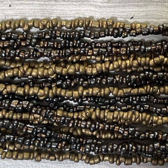 Resin Shell Inlay Oval Pendant and Beaded Necklace Brown Tan Gold Tone Chunky - Picture 5 of 16